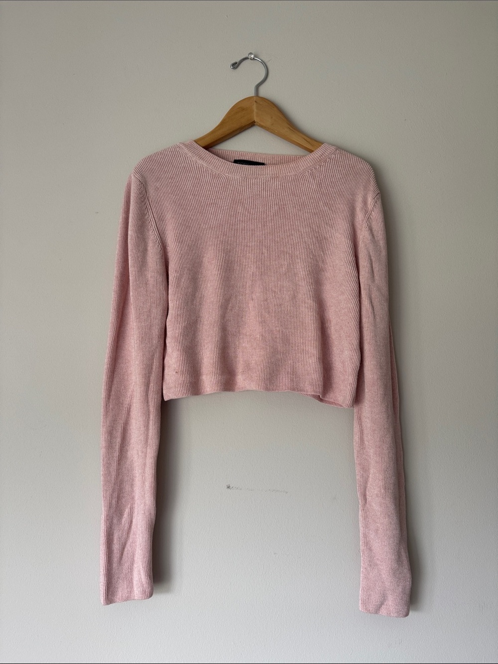 Topshop Light Pink Cropped Ribbed Long-Sleeve Sweater